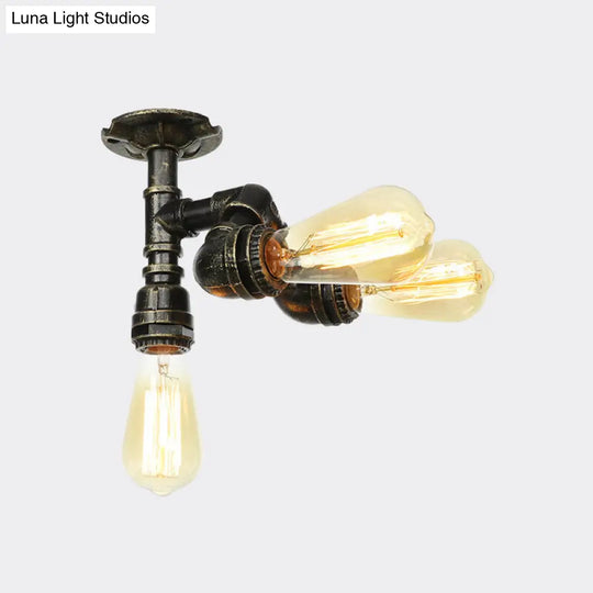 Semi Flush Mount Industrial Bare Bulb Ceiling Lighting In Bronze (3/4-Light Iron Flush)