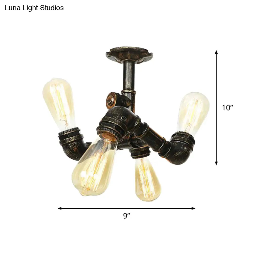 Semi Flush Mount Industrial Bare Bulb Ceiling Lighting In Bronze (3/4 - Light Iron Flush)