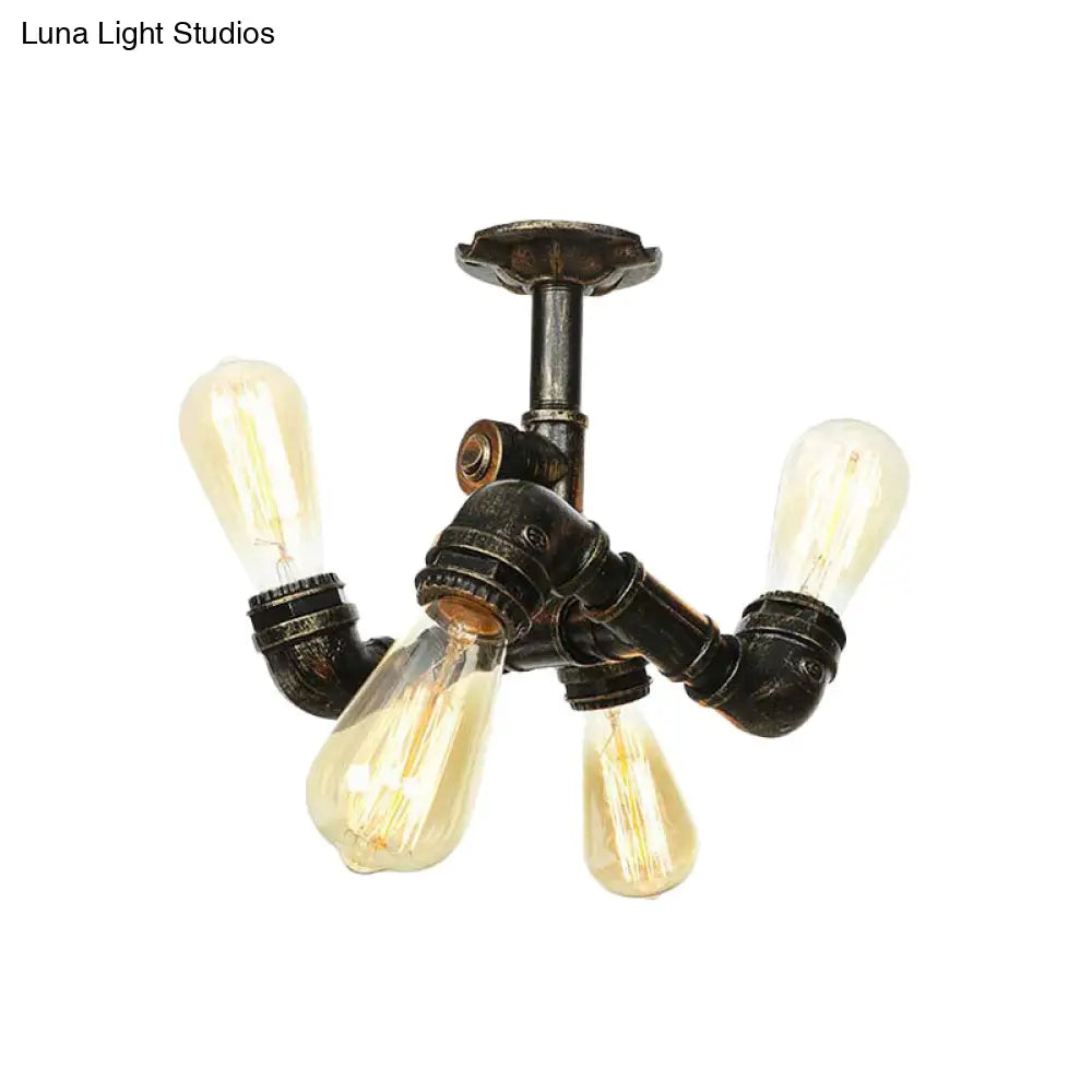 Semi Flush Mount Industrial Bare Bulb Ceiling Lighting In Bronze (3/4-Light Iron Flush)