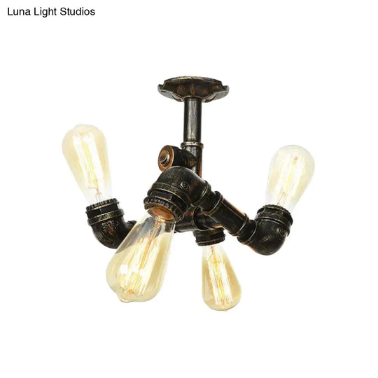 Semi Flush Mount Industrial Bare Bulb Ceiling Lighting In Bronze (3/4-Light Iron Flush)