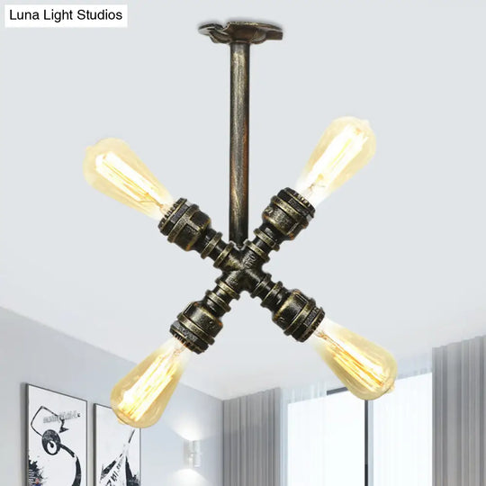 Semi Flush Mount Industrial Bare Bulb Ceiling Lighting In Bronze (3/4-Light Iron Flush) / D