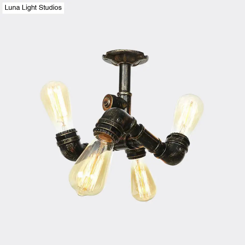 Semi Flush Mount Industrial Bare Bulb Ceiling Lighting In Bronze (3/4 - Light Iron Flush)