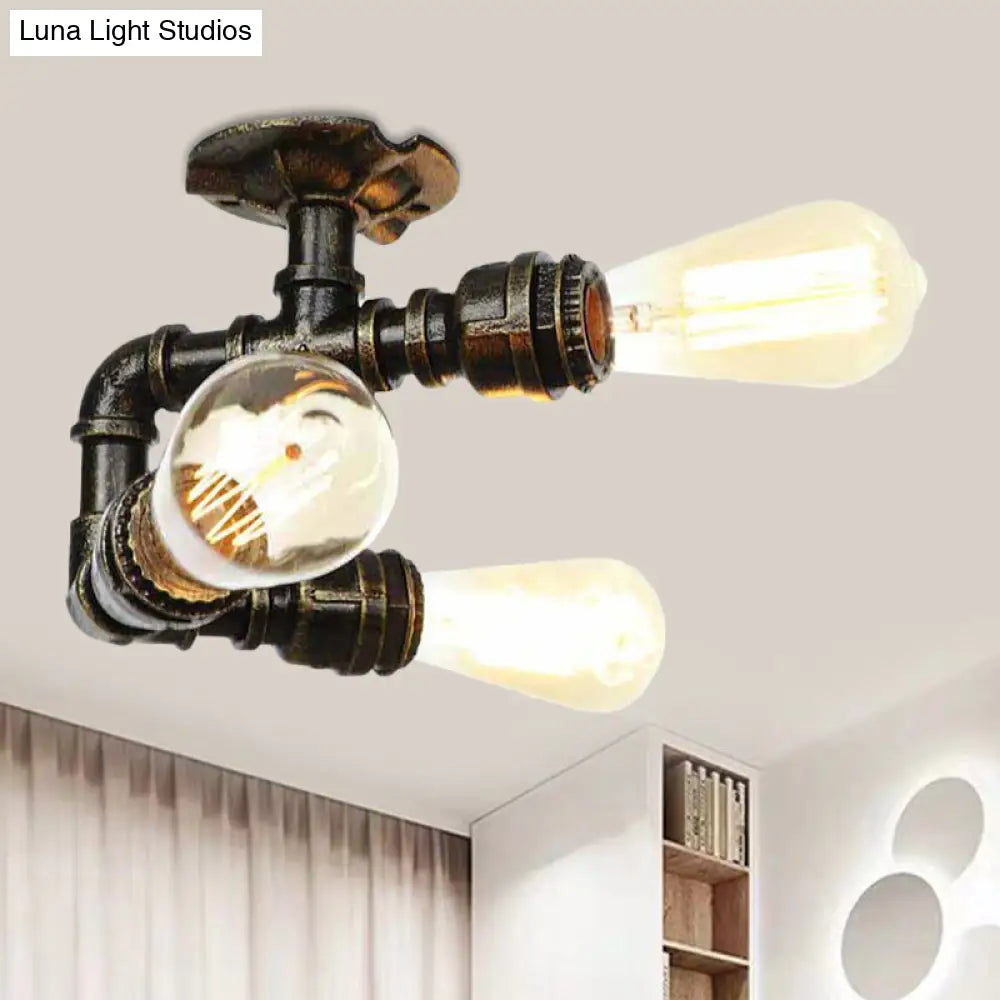 Semi Flush Mount Industrial Bare Bulb Ceiling Lighting In Bronze (3/4-Light Iron Flush) / B