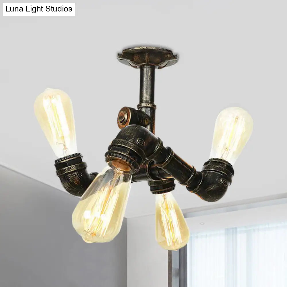 Semi Flush Mount Industrial Bare Bulb Ceiling Lighting In Bronze (3/4-Light Iron Flush) / C