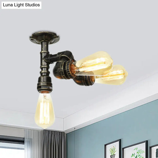 Semi Flush Mount Industrial Bare Bulb Ceiling Lighting In Bronze (3/4-Light Iron Flush) / A