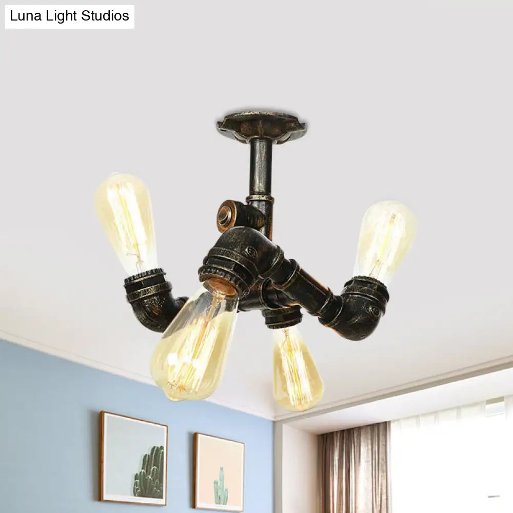 Semi Flush Mount Industrial Bare Bulb Ceiling Lighting In Bronze (3/4 - Light Iron Flush)