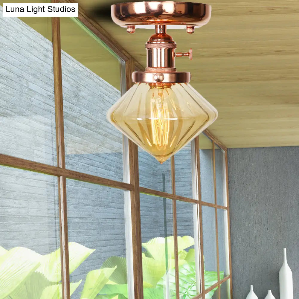 Industrial Globe/Wide Flare/Diamond Ceiling Light Fixture With Clear/Amber Glass Shade