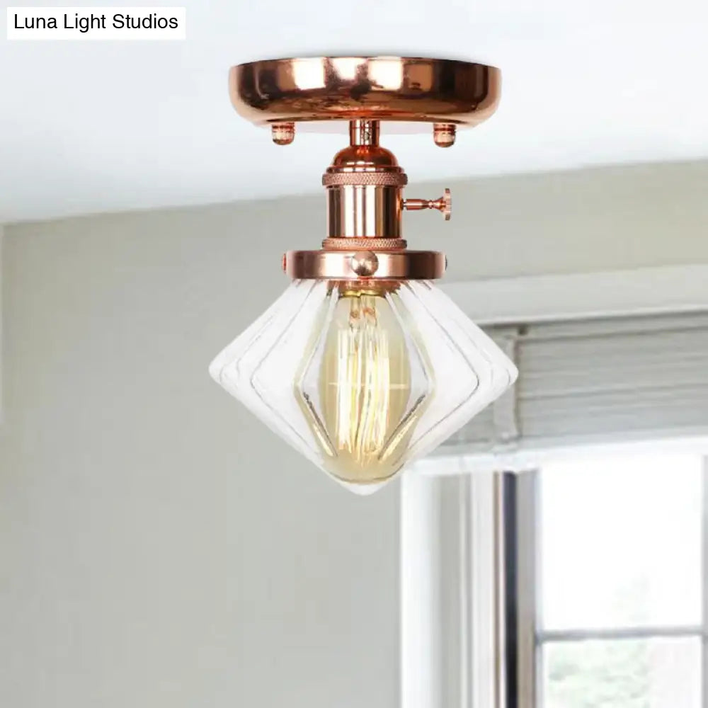 Industrial Globe/Wide Flare/Diamond Ceiling Light Fixture With Clear/Amber Glass Shade