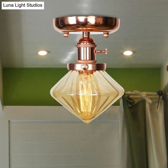 Semi Flush Mount Industrial Ceiling Light Fixture With Globe/Wide Flare/Diamond Design And