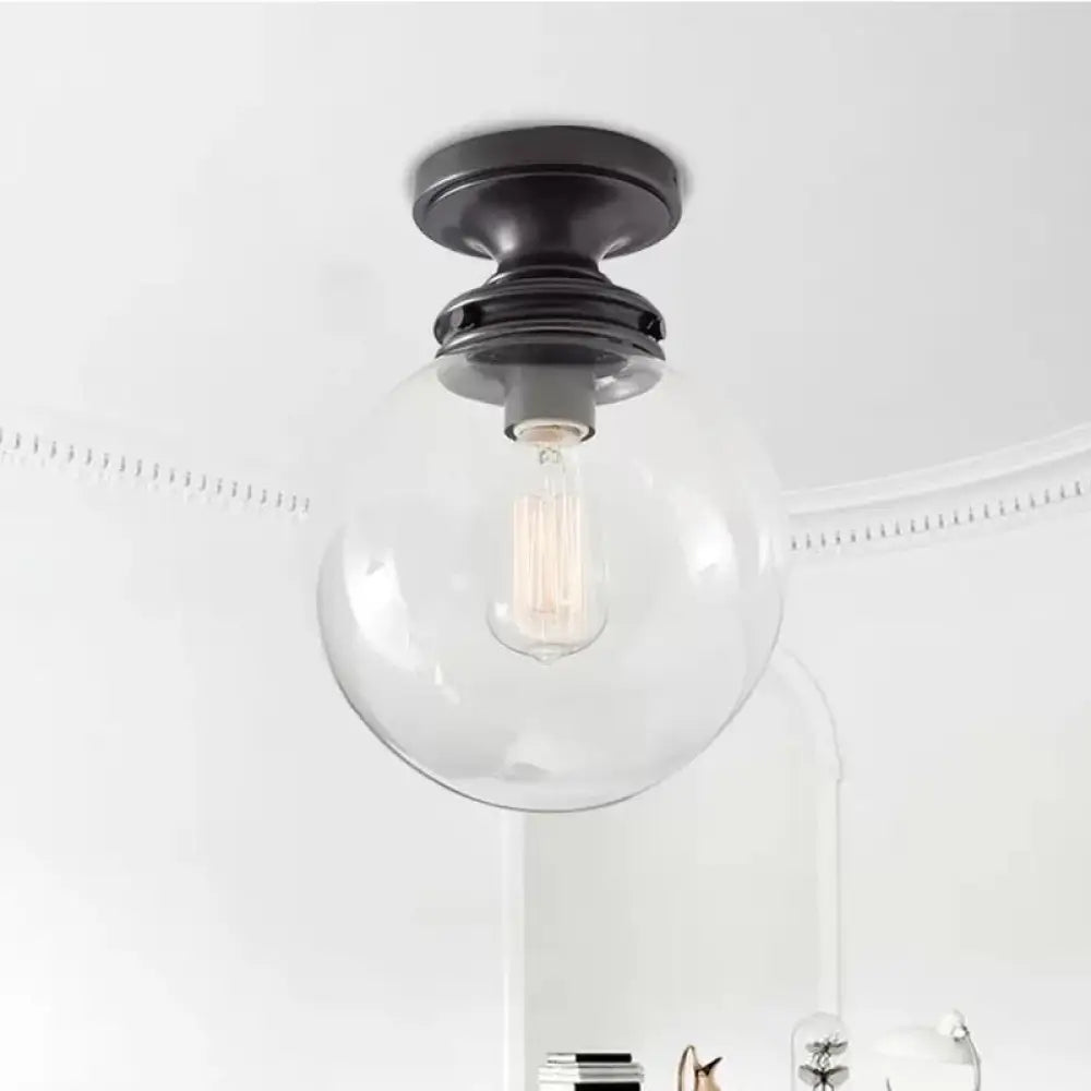 Semi Flush Mount Industrial Clear Glass Ceiling Light In Black For Kitchen - Single Bulb