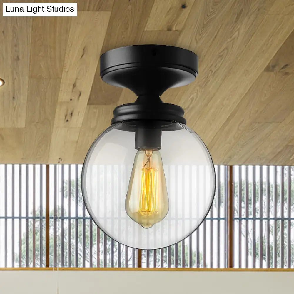 Semi Flush Mount Industrial Clear Glass Ceiling Light In Black For Kitchen - Single Bulb