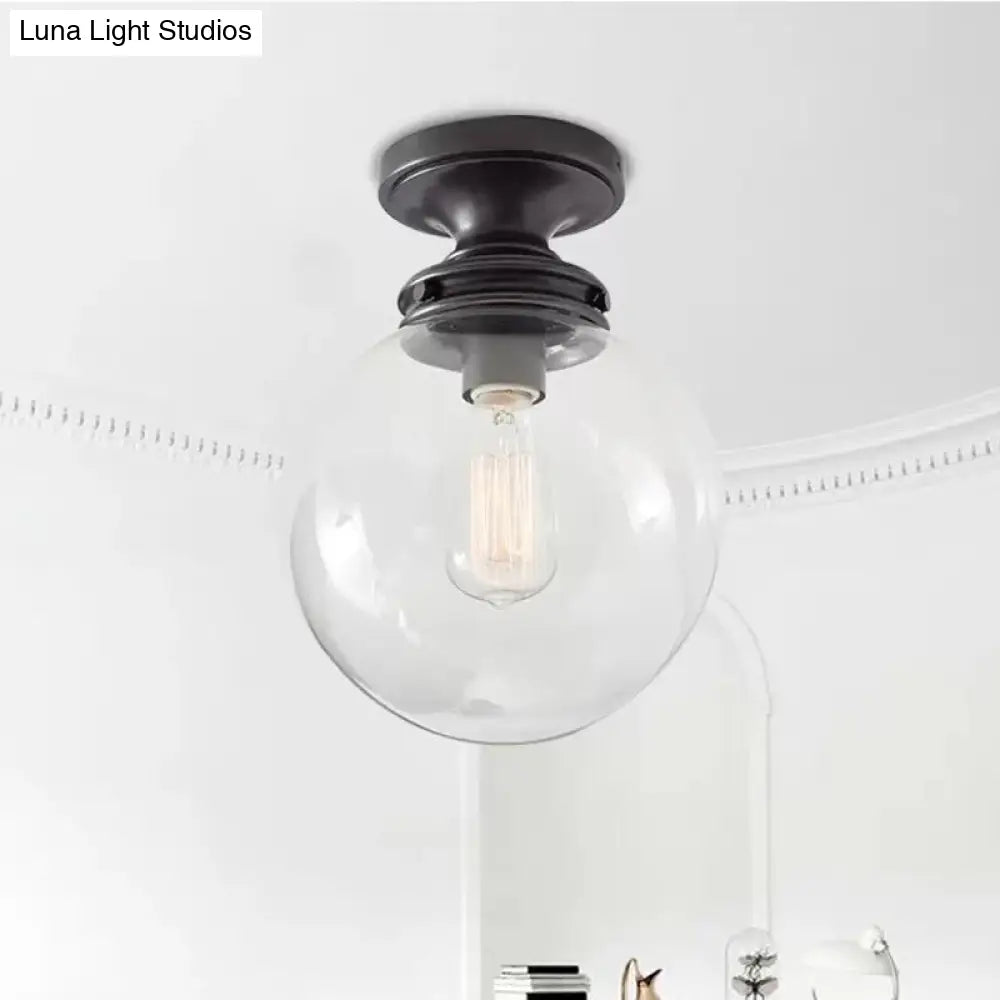 Semi Flush Mount Industrial Clear Glass Ceiling Light In Black For Kitchen - Single Bulb