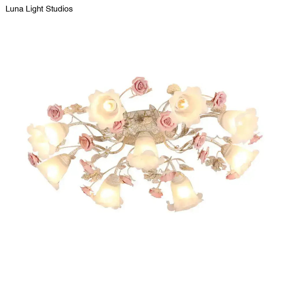 Semi Flush Mount Korean Garden Ceiling Light With Floral Frosted Glass Shade - 4/6/7 Heads