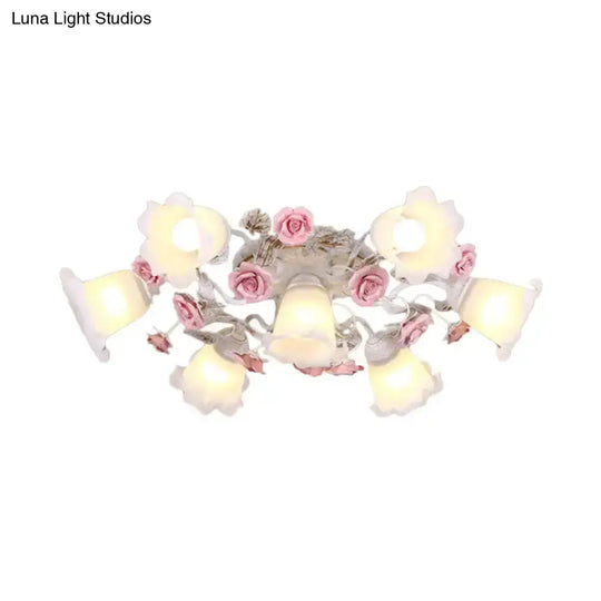 Semi Flush Mount Korean Garden Ceiling Light With Floral Frosted Glass Shade - 4/6/7 Heads