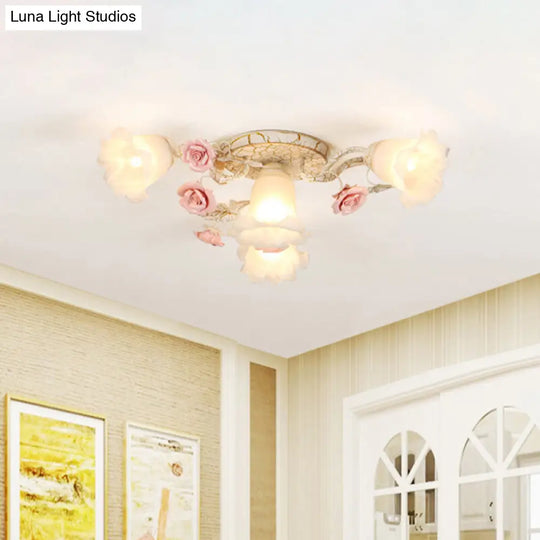 Semi Flush Mount Korean Garden Ceiling Light With Floral Frosted Glass Shade - 4/6/7 Heads 4 / White
