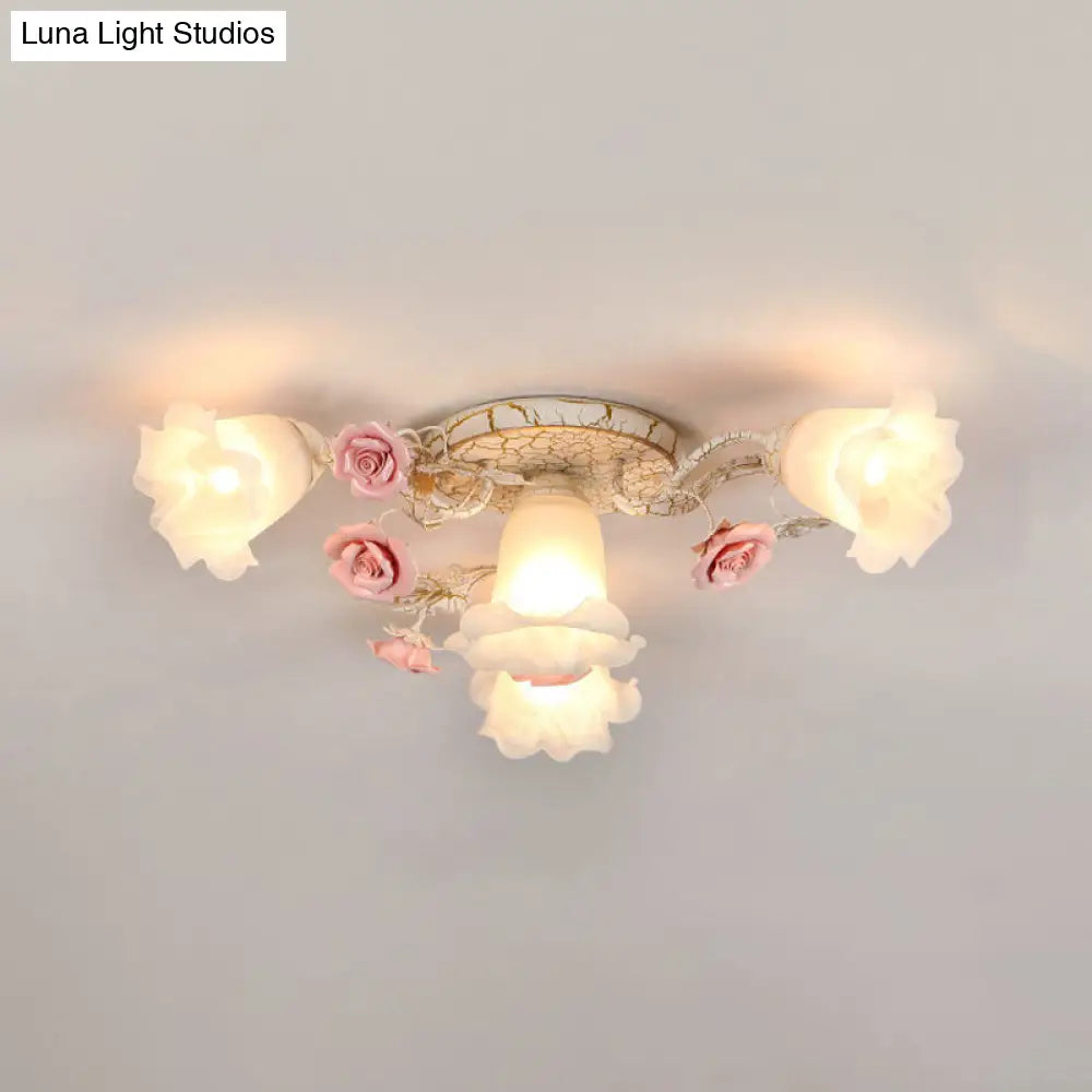Semi Flush Mount Korean Garden Ceiling Light With Floral Frosted Glass Shade - 4/6/7 Heads