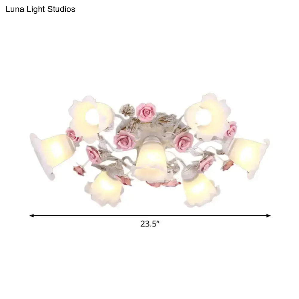 Semi Flush Mount Korean Garden Ceiling Light With Floral Frosted Glass Shade - 4/6/7 Heads