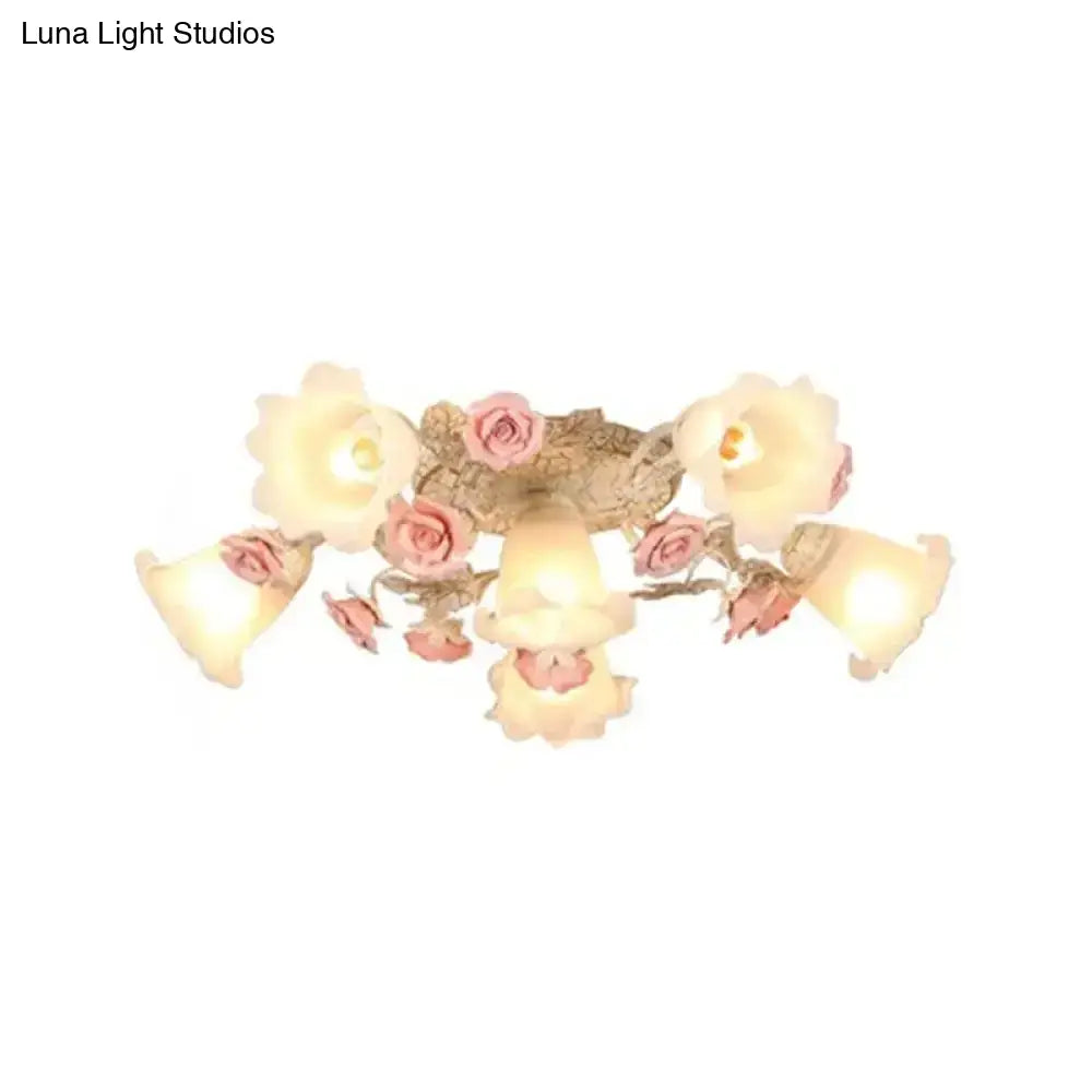 Semi Flush Mount Korean Garden Ceiling Light With Floral Frosted Glass Shade - 4/6/7 Heads