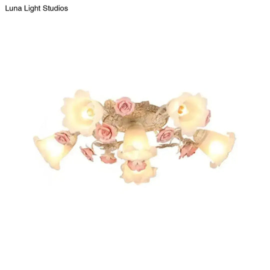 Semi Flush Mount Korean Garden Ceiling Light With Floral Frosted Glass Shade - 4/6/7 Heads