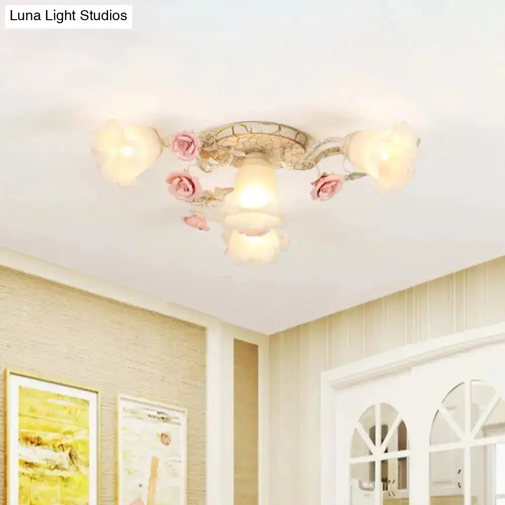 Semi Flush Mount Korean Garden Ceiling Light With Floral Frosted Glass Shade - 4/6/7 Heads