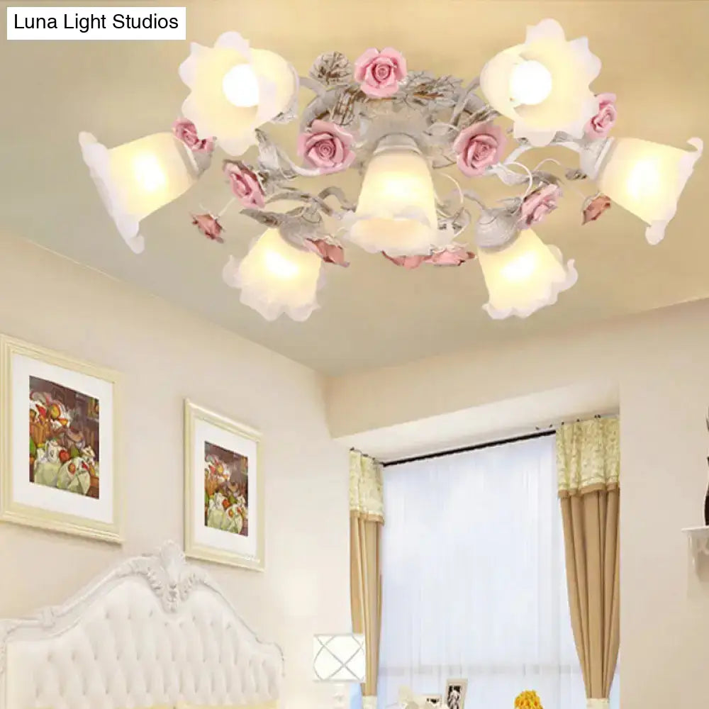 Semi Flush Mount Korean Garden Ceiling Light With Floral Frosted Glass Shade - 4/6/7 Heads