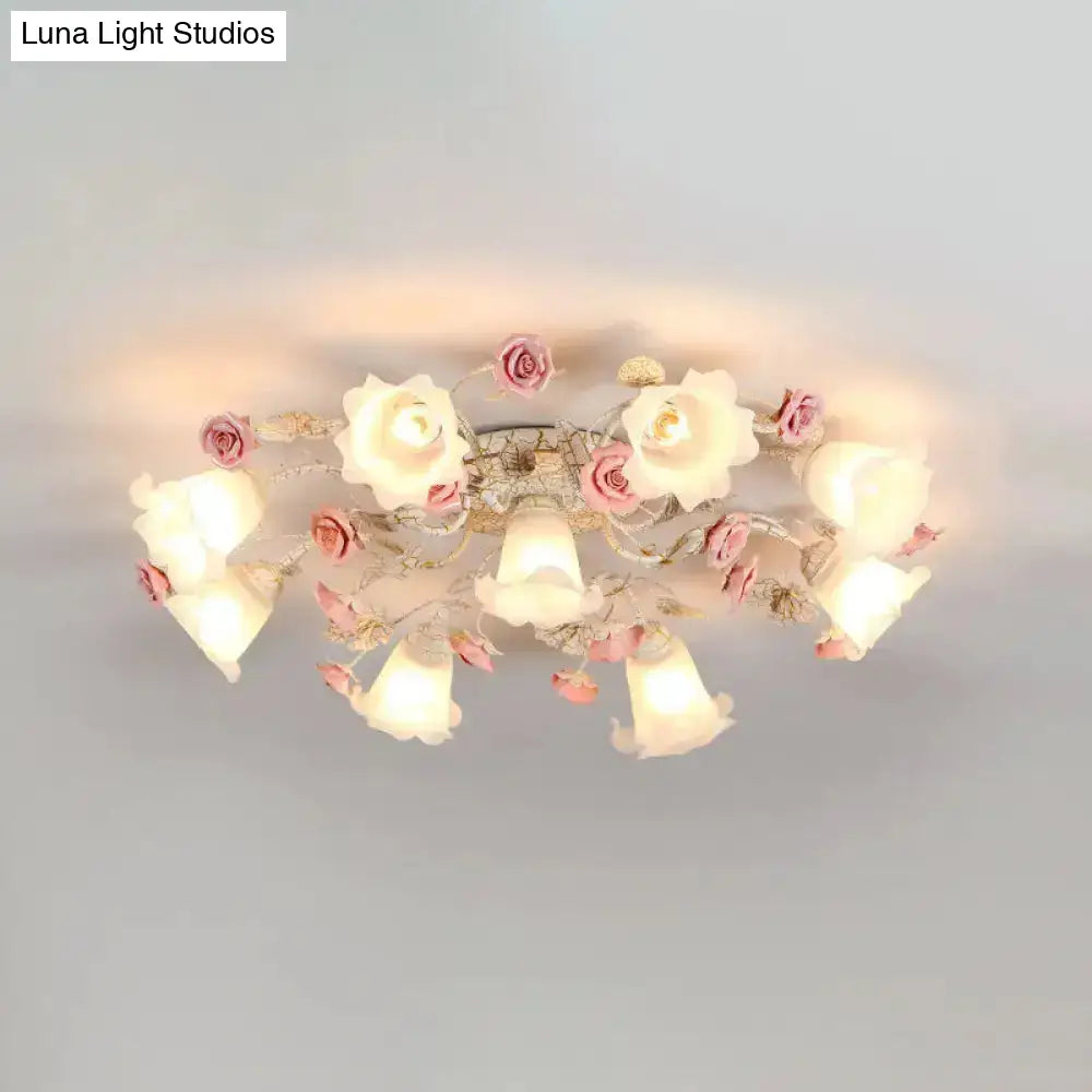 Semi Flush Mount Korean Garden Ceiling Light With Floral Frosted Glass Shade - 4/6/7 Heads