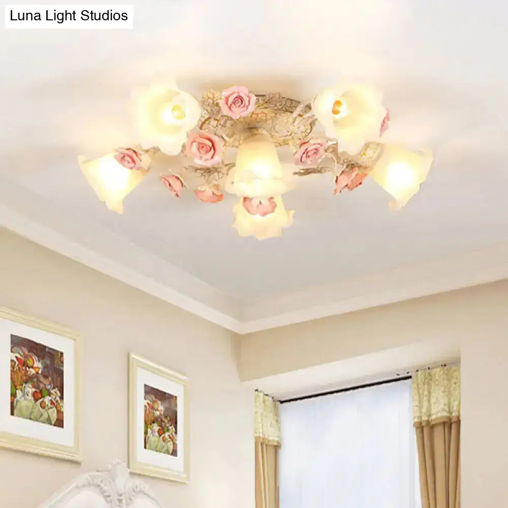 Semi Flush Mount Korean Garden Ceiling Light With Floral Frosted Glass Shade - 4/6/7 Heads