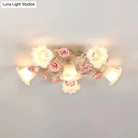 Semi Flush Mount Korean Garden Ceiling Light With Floral Frosted Glass Shade - 4/6/7 Heads