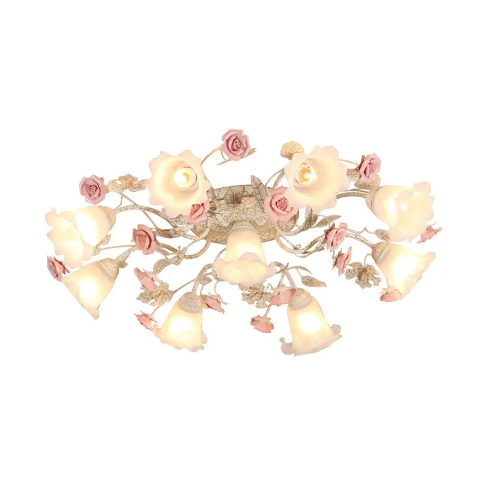 Semi Flush Mount Korean Garden Ceiling Light With Floral Frosted Glass Shade - 4/6/7 Heads 9 / White