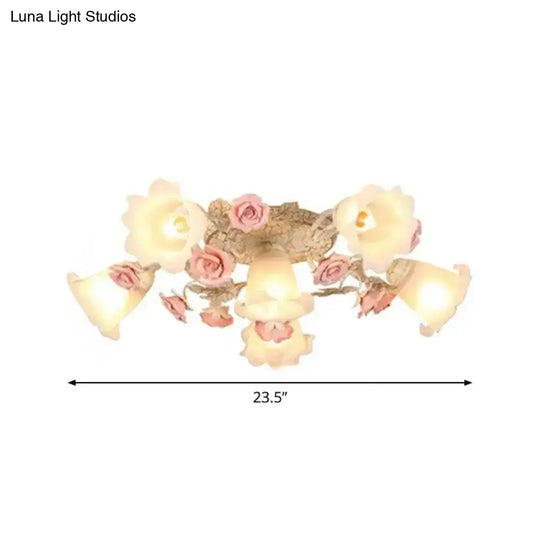 Semi Flush Mount Korean Garden Ceiling Light With Floral Frosted Glass Shade - 4/6/7 Heads