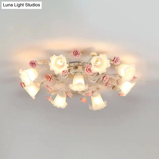 Semi Flush Mount Korean Garden Ceiling Light With Floral Frosted Glass Shade - 4/6/7 Heads