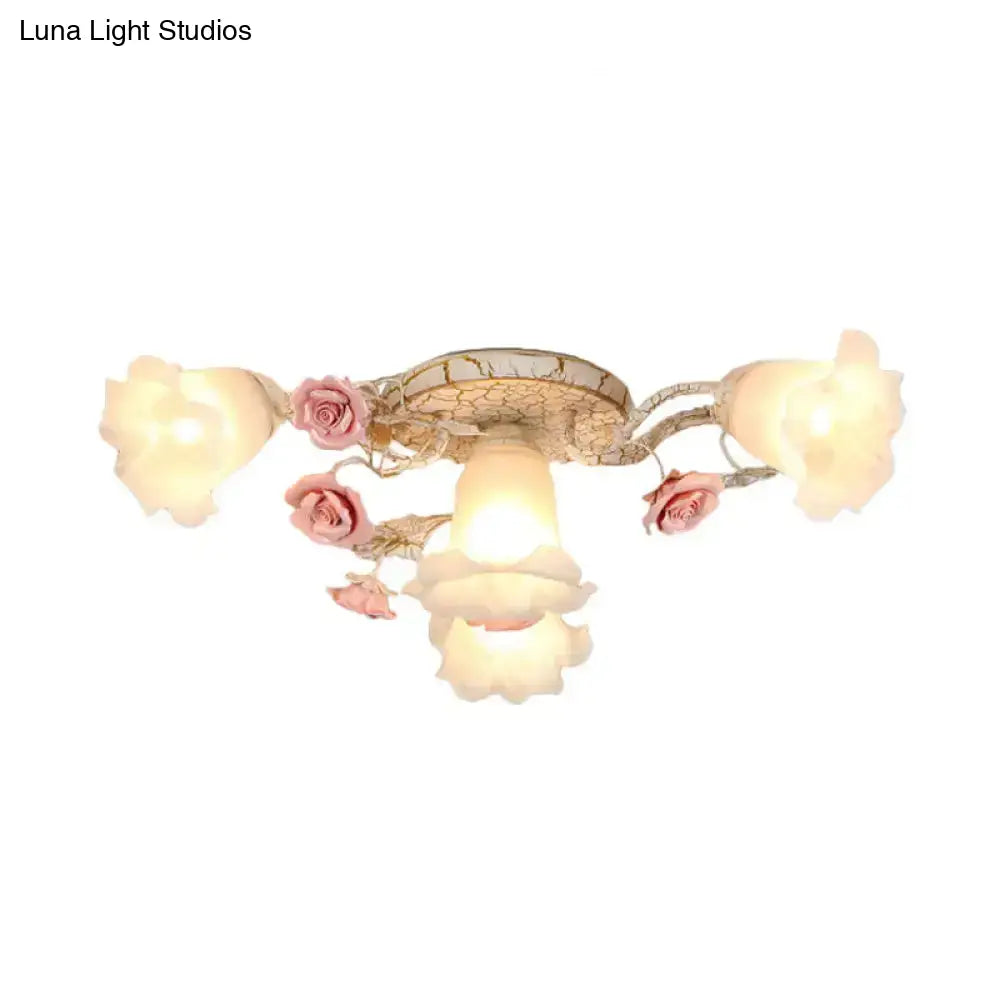 Semi Flush Mount Korean Garden Ceiling Light With Floral Frosted Glass Shade - 4/6/7 Heads