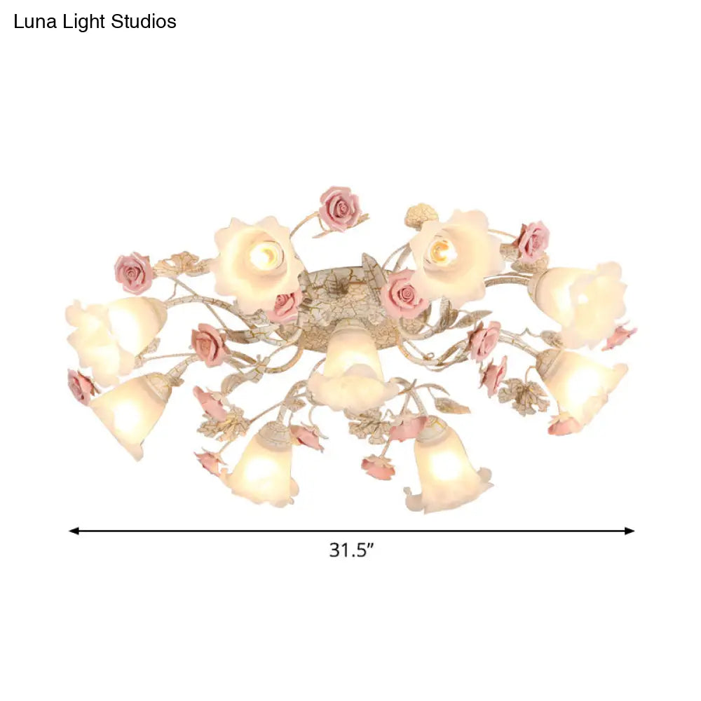 Semi Flush Mount Korean Garden Ceiling Light With Floral Frosted Glass Shade - 4/6/7 Heads