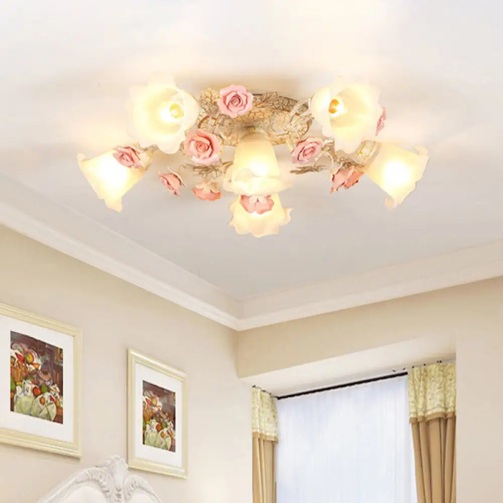 Semi Flush Mount Korean Garden Ceiling Light With Floral Frosted Glass Shade - 4/6/7 Heads 6 / White