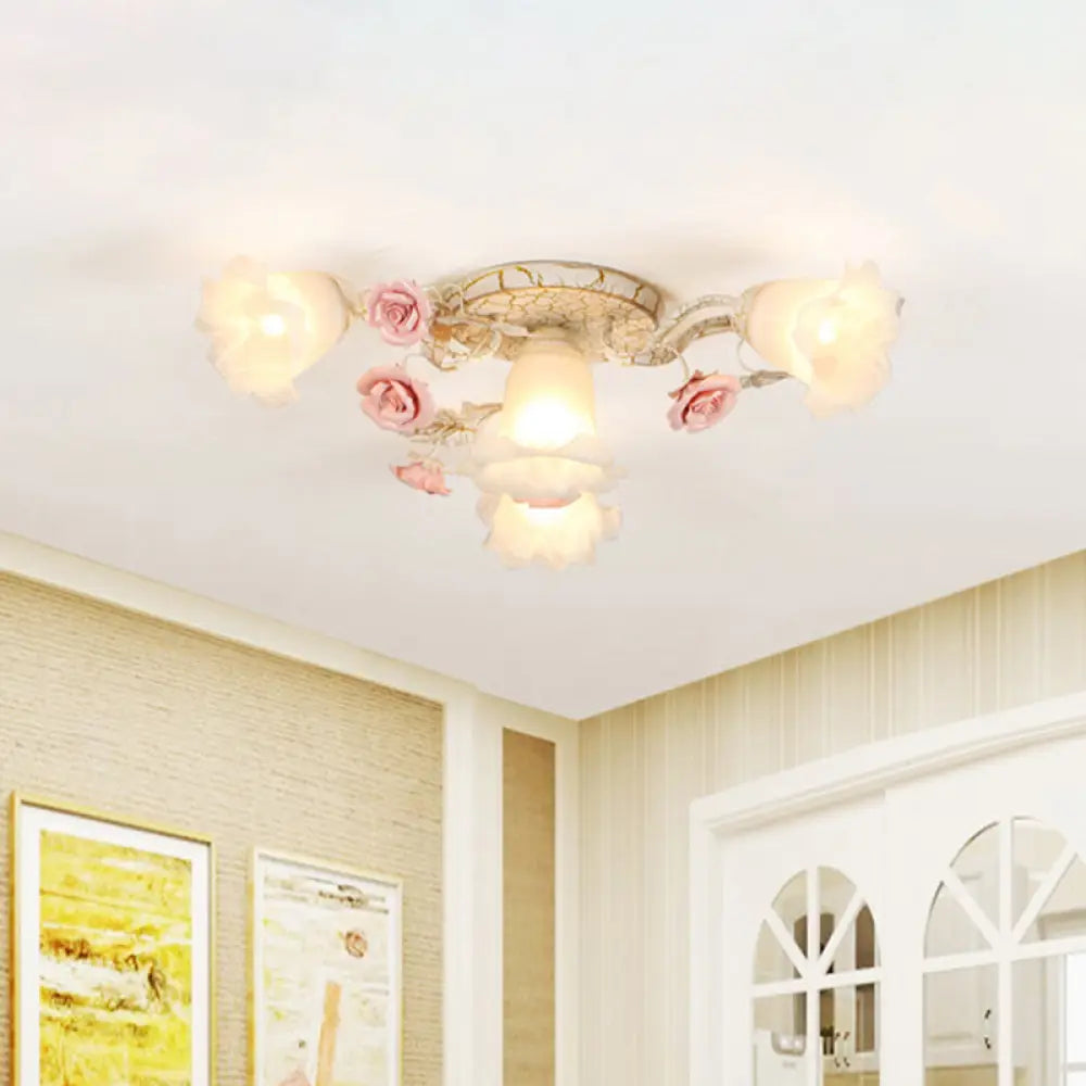 Semi Flush Mount Korean Garden Ceiling Light With Floral Frosted Glass Shade - 4/6/7 Heads 4 / White