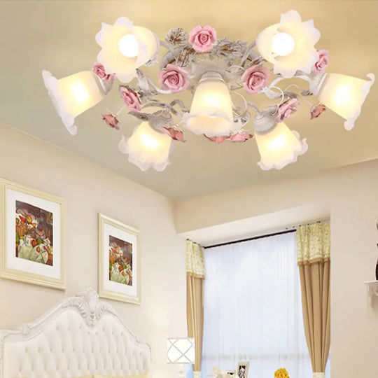 Semi Flush Mount Korean Garden Ceiling Light With Floral Frosted Glass Shade - 4/6/7 Heads 7 / White