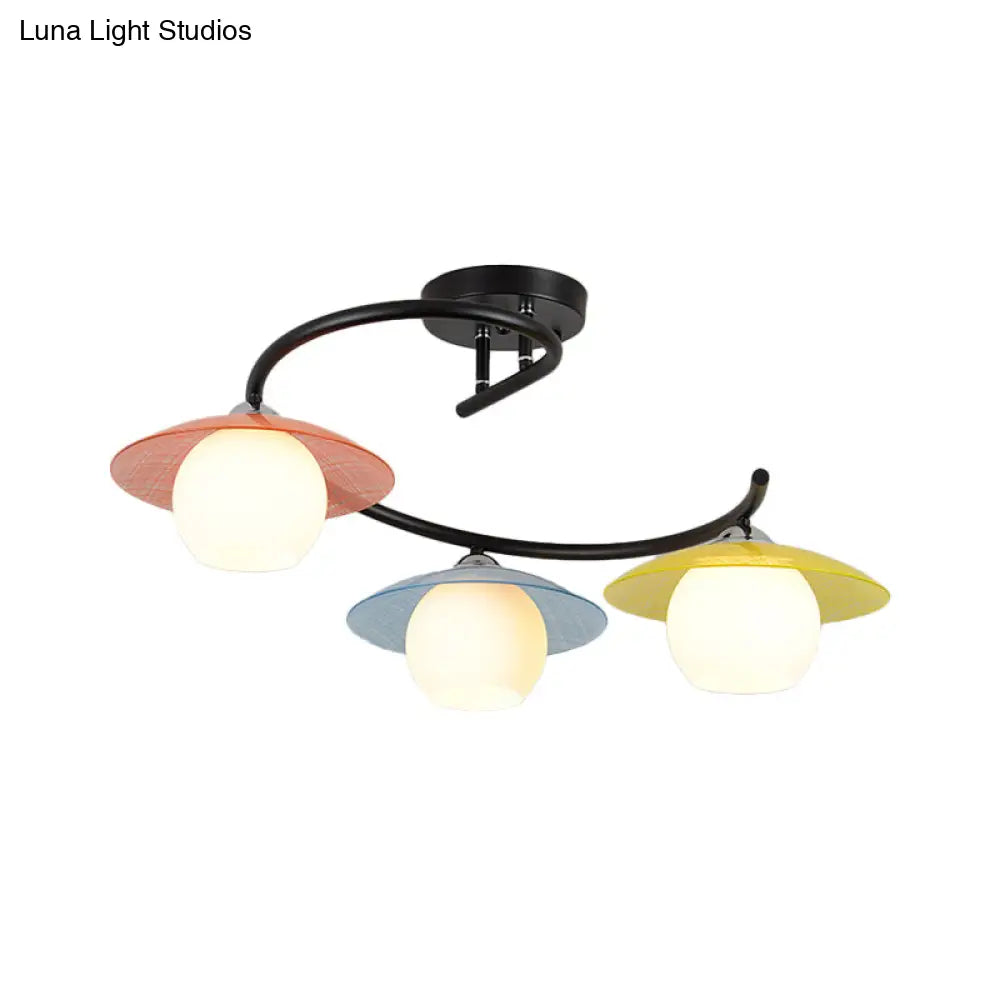 Semi Flush Mount Lamp With Modernist Red-Yellow-Blue Glass And Global Shade - Black Spiral Design 3