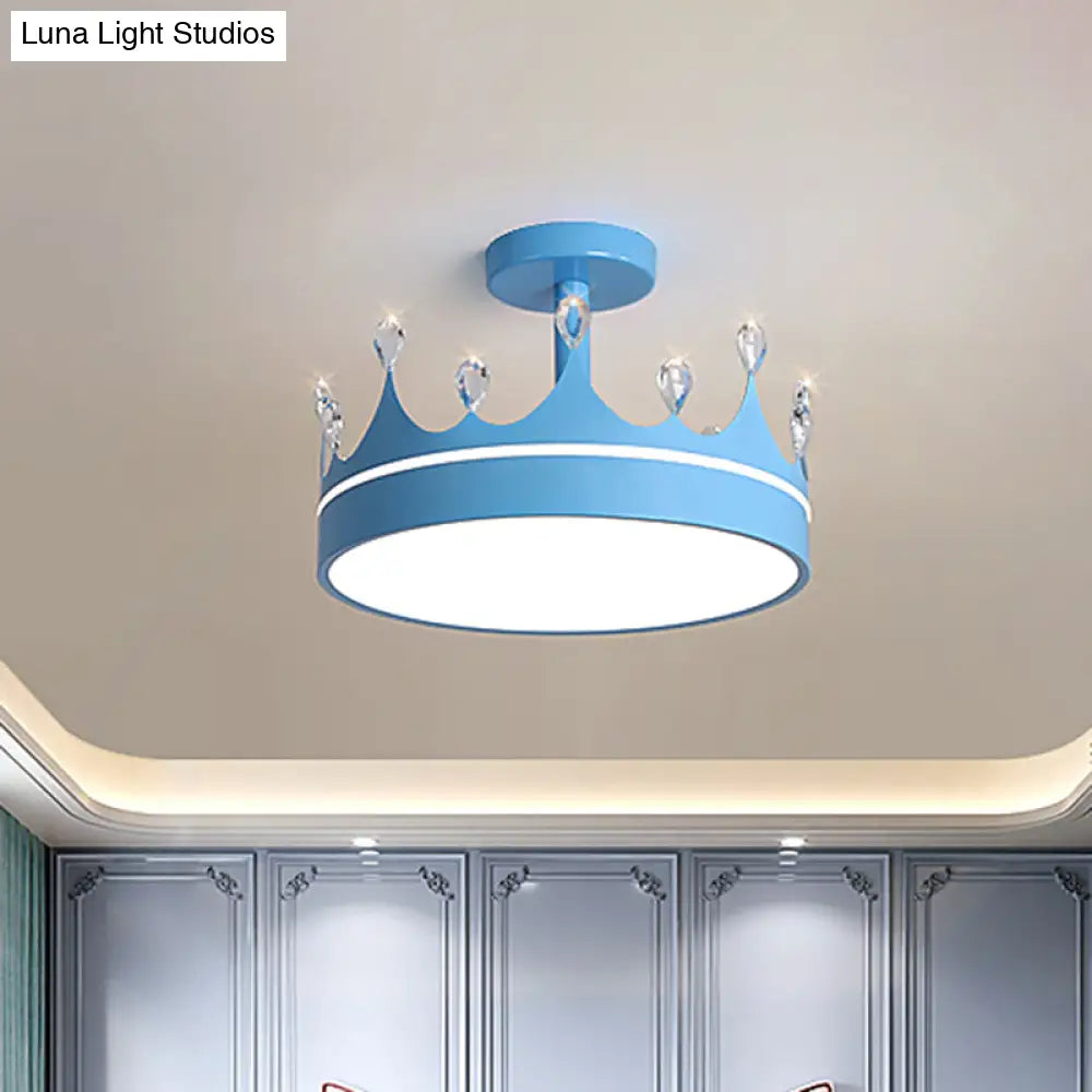 Semi Flush Mount Led Crown Design Chandelier For Kid’s Room - Metallic Pink/Gold/Blue