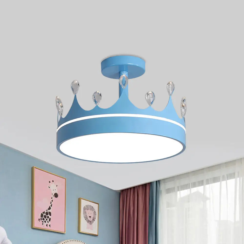 Semi Flush Mount Led Crown Design Chandelier For Kid’s Room - Metallic Pink/Gold/Blue Blue