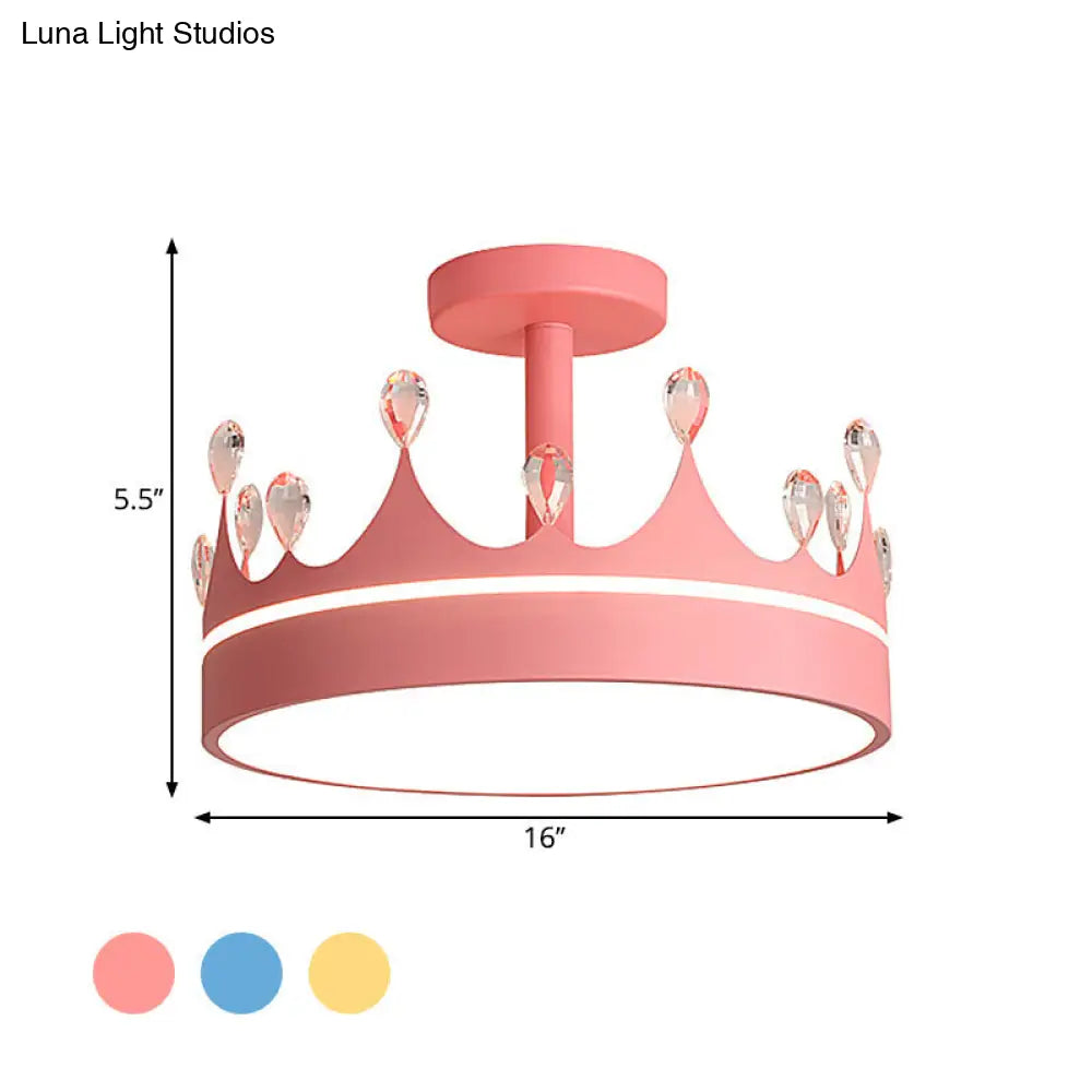 Semi Flush Mount Led Crown Design Chandelier For Kids Room - Metallic Pink/Gold/Blue