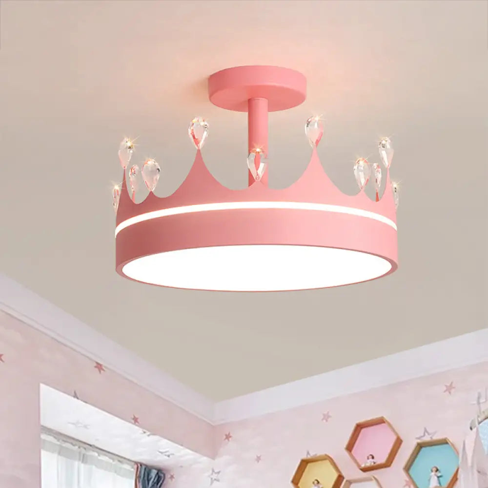 Semi Flush Mount Led Crown Design Chandelier For Kid’s Room - Metallic Pink/Gold/Blue Pink