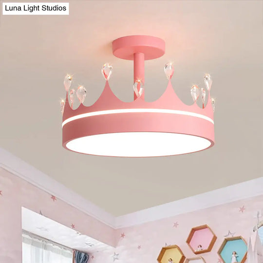 Semi Flush Mount Led Crown Design Chandelier For Kids Room - Metallic Pink/Gold/Blue Pink