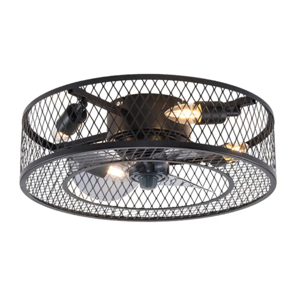 Semi Flush Mount Metal Ceiling Light Fixture - Industrial Style Cage Drum For Bedroom Black