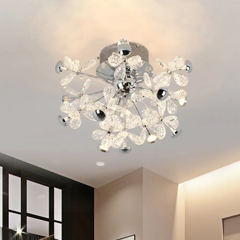 Semi Flush Mount Modernist Flower Crystal Ceiling Lamp - 13 Heads Silver Finish For Living Room