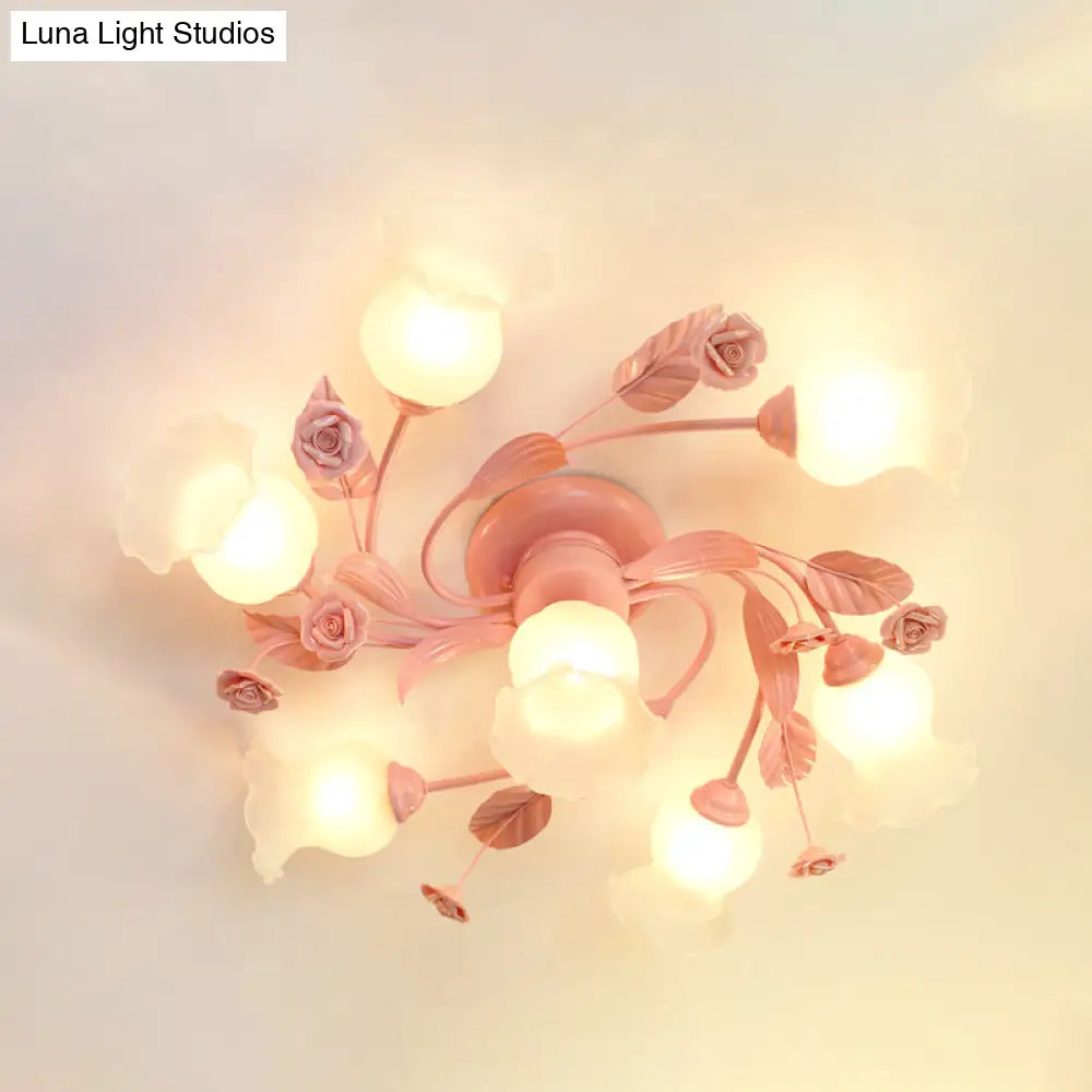 Semi Flush Mount Spiral Ceiling Light Fixture With 4/7 Bulbs Traditional Pink Satin Opal Glass