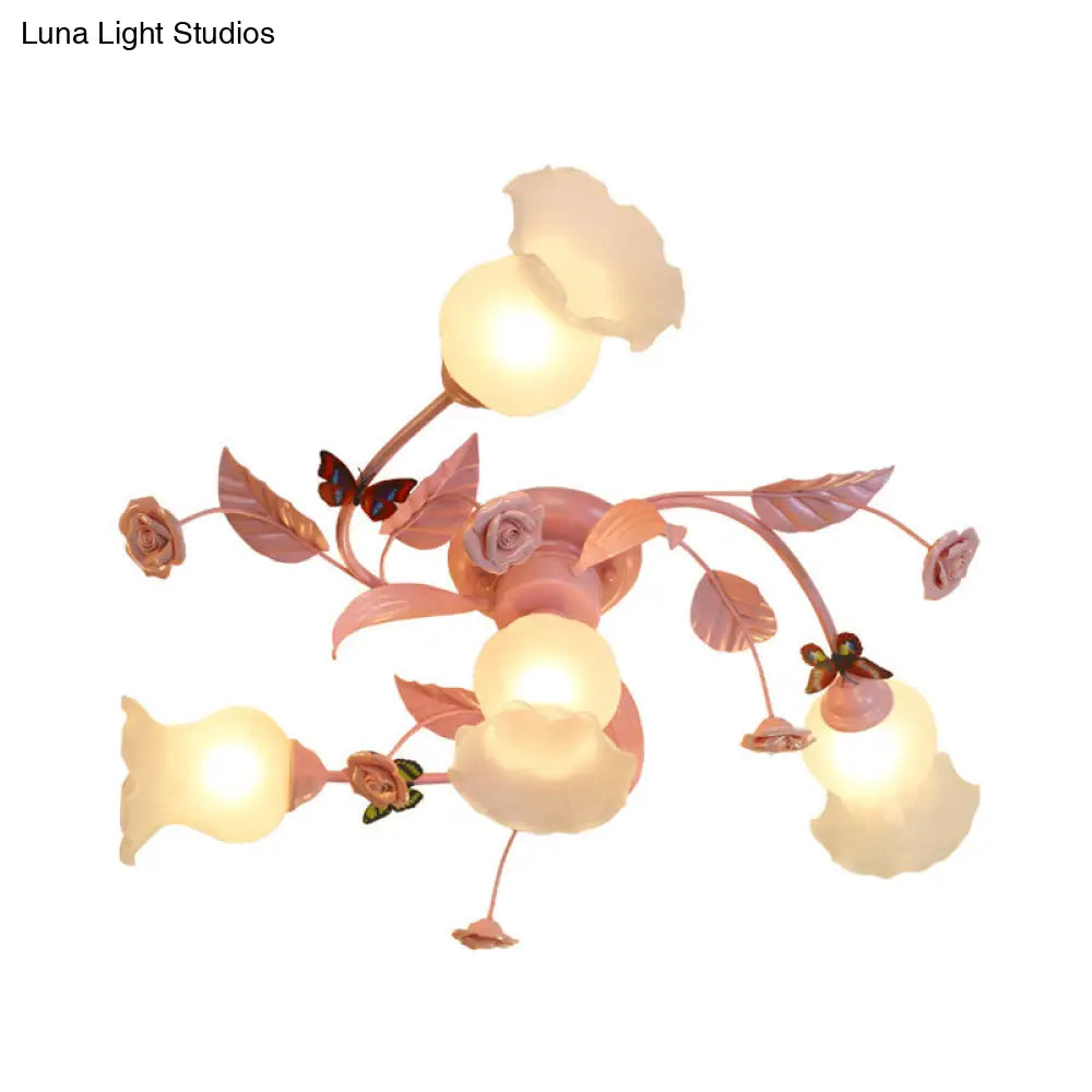 Satin Opal Glass Semi Flush Mount Ceiling Light Fixture - Traditional Pink | 4/7 Bulbs Ideal For