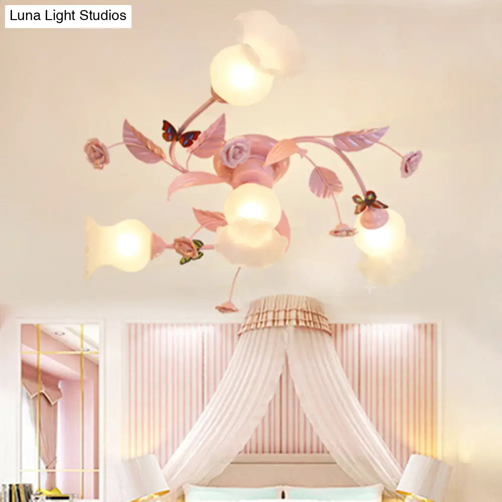 Satin Opal Glass Semi Flush Mount Ceiling Light Fixture - Traditional Pink | 4/7 Bulbs Ideal For