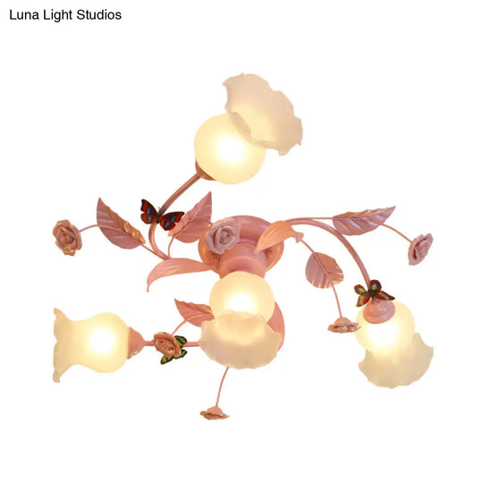 Semi Flush Mount Spiral Ceiling Light Fixture With 4/7 Bulbs Traditional Pink Satin Opal Glass