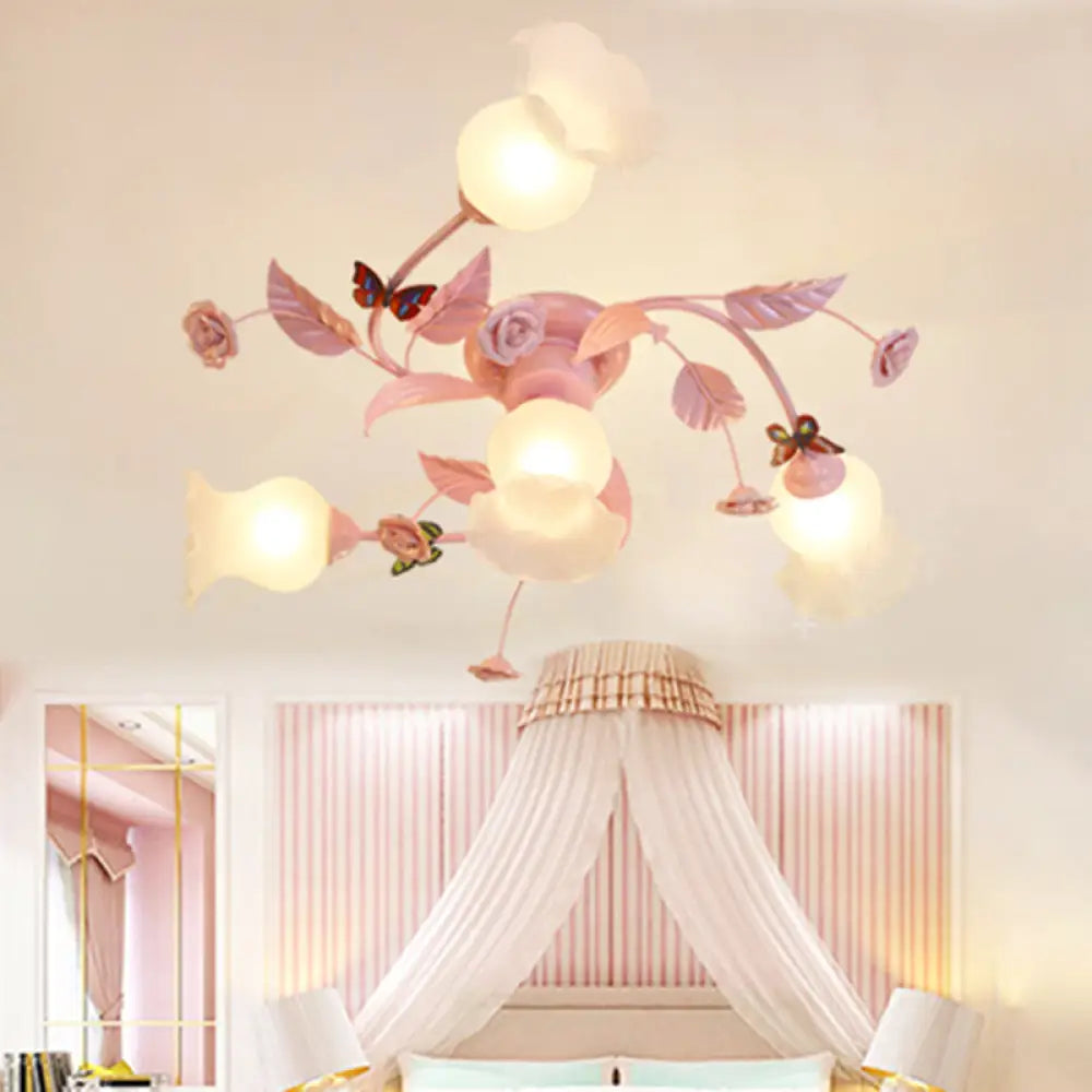 Semi Flush Mount Spiral Ceiling Light Fixture With 4/7 Bulbs Traditional Pink Satin Opal Glass