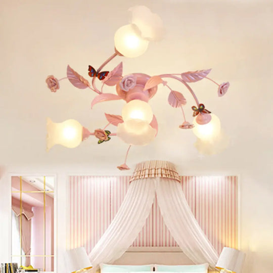 Semi Flush Mount Spiral Ceiling Light Fixture With 4/7 Bulbs Traditional Pink Satin Opal Glass